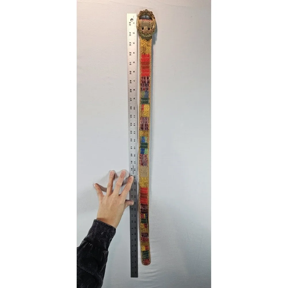 Boho Woven Patchwork‎ Belt M Medium Oval Floral Buckle Multicolor
